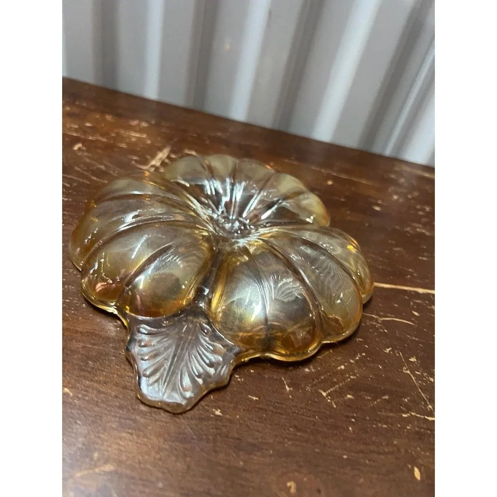 Vintage Federal Glass Amber Sungold Petal Sunflower Plates and Leaf Dish Set